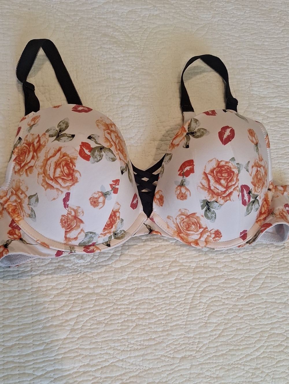 Torrid Curve Floral Lace-Up Push-Up Bra in Cream with Orange Rose Print 38C